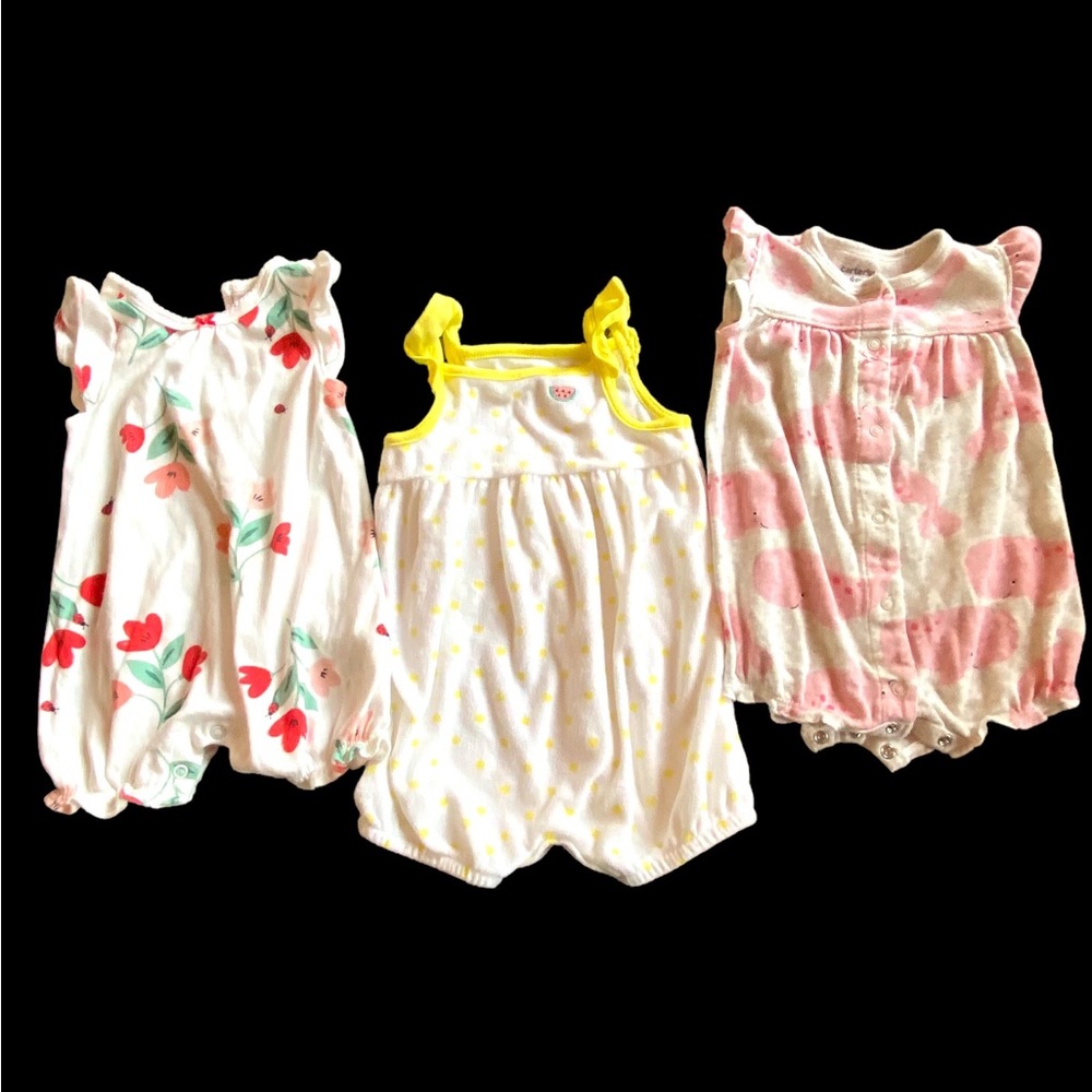Baby Girl Bundle of 3 Summer Rompers. Size 6 Months